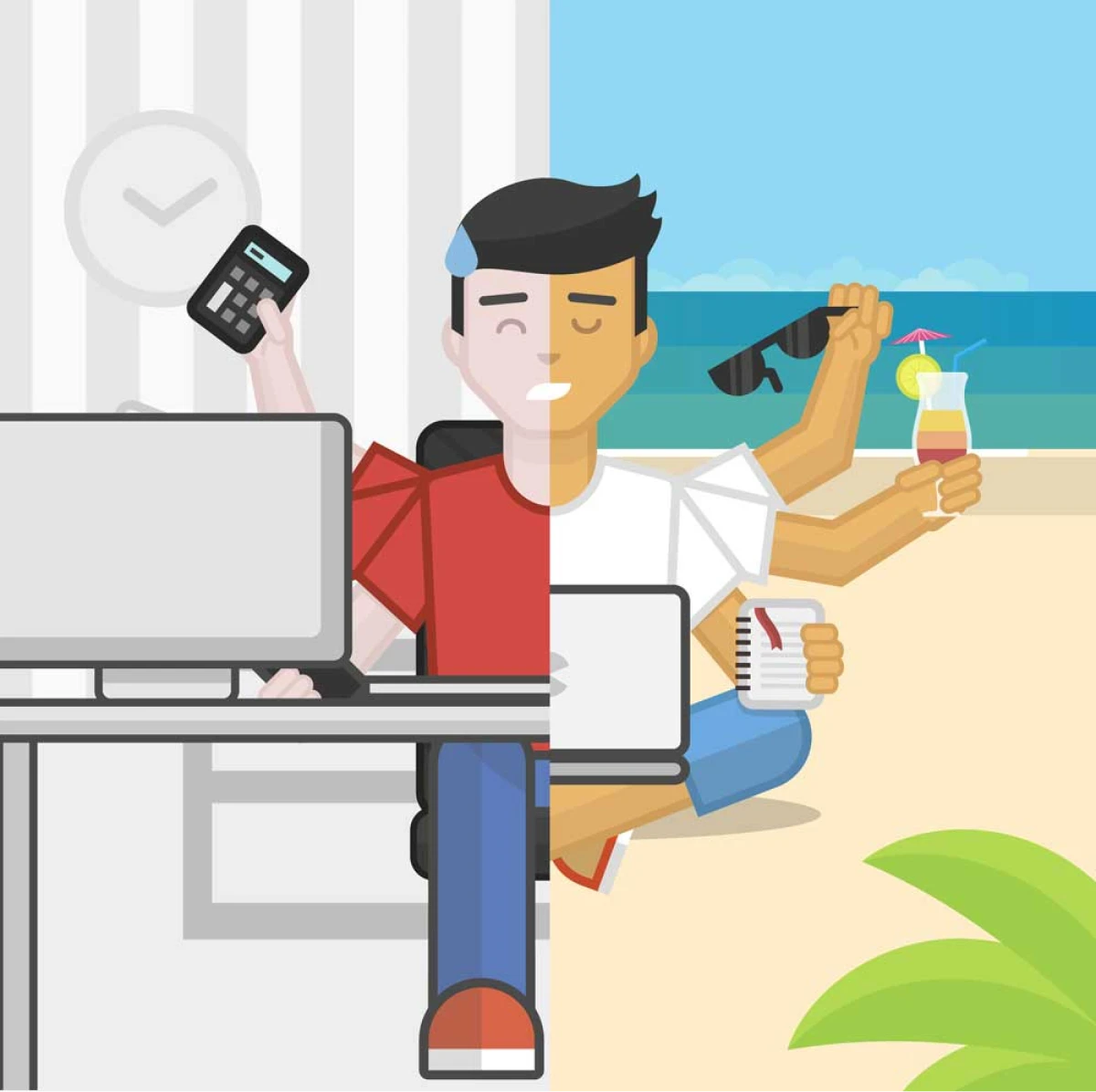 Direct Selling Industry And The Gig Economy 3 image of man with different lifestyles split in the middle at the office and at the beach