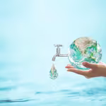 A woman holding a globe with a faucet, promoting water conservation through awareness