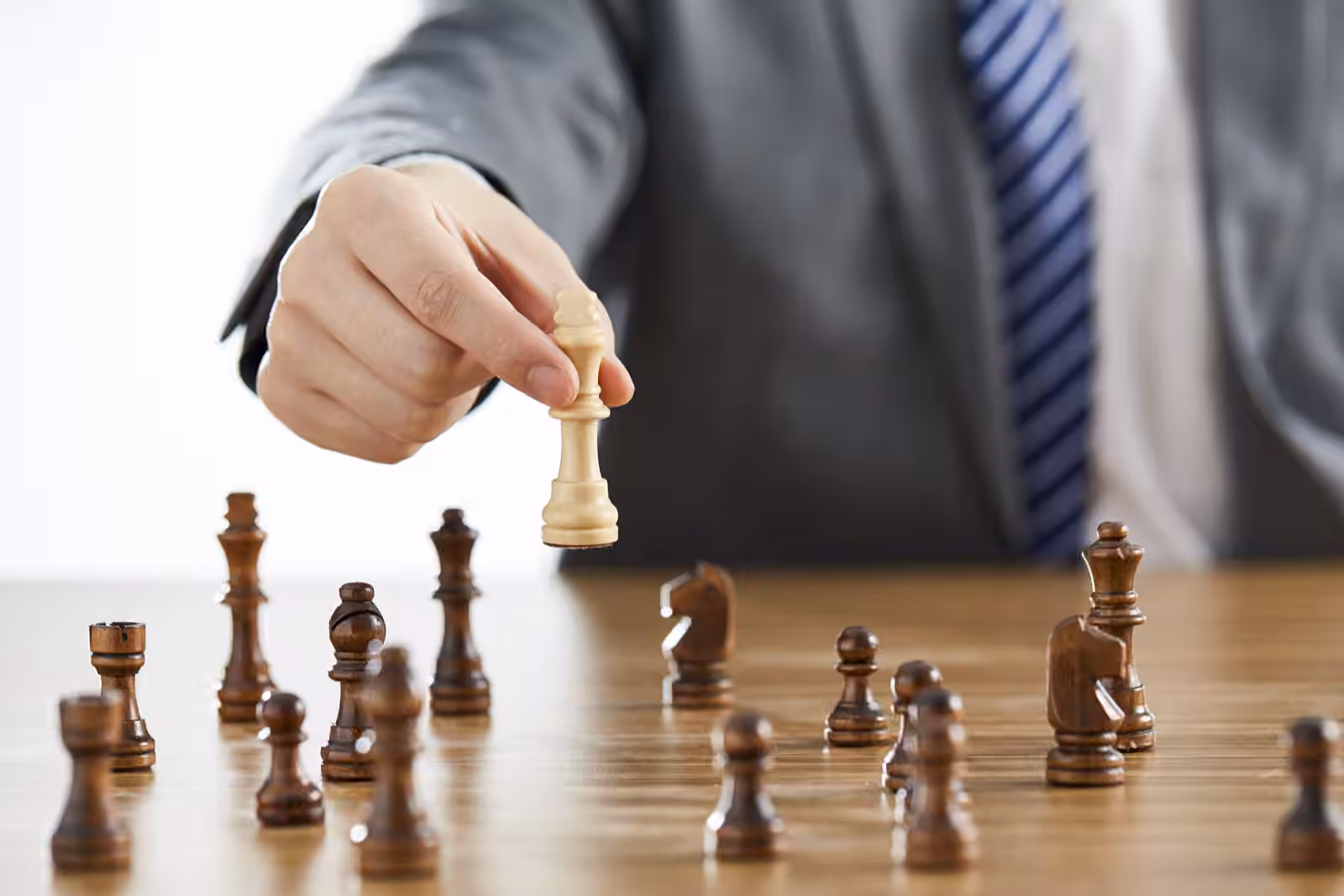 A businessman in a suit playing chess and about to win, reflecting what type of entrepreneur are you