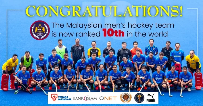 malaysian hockey team posing to celebrate being ranked 10th in the world