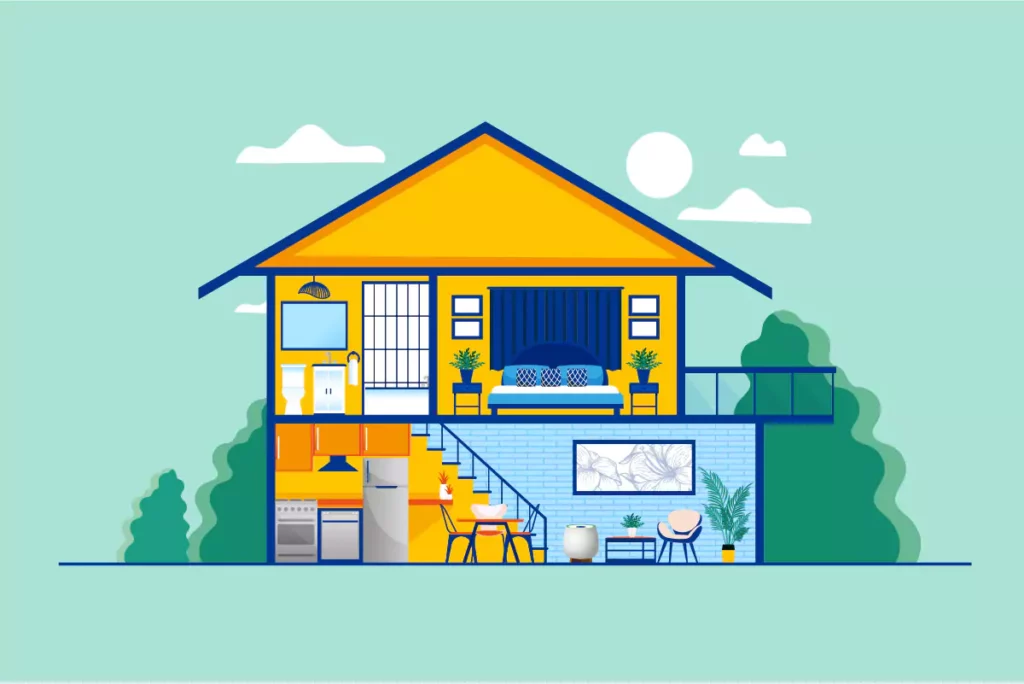 An illustration of a house interior featuring a homepure zayn indoor air purifier unit in the living room on the ground floor.