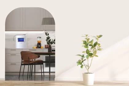 An inviting kitchen scene, complete with greenery, a dining area, fresh orange juice, and HomePure Viva, promoting a healthy kitchen lifestyle.