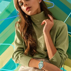 Qnet Watch Repair 22 woman green shirt wearing omni watch